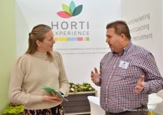 Suzanne Spelbrink, Marketing and Communications Projects Coordinator, of Schoneveld in conversation with Marco van de Koppel of Horti Experience. Marco and Suzanne found each other at this IPM and were there with a joint presentation near the Horti Experience booth.